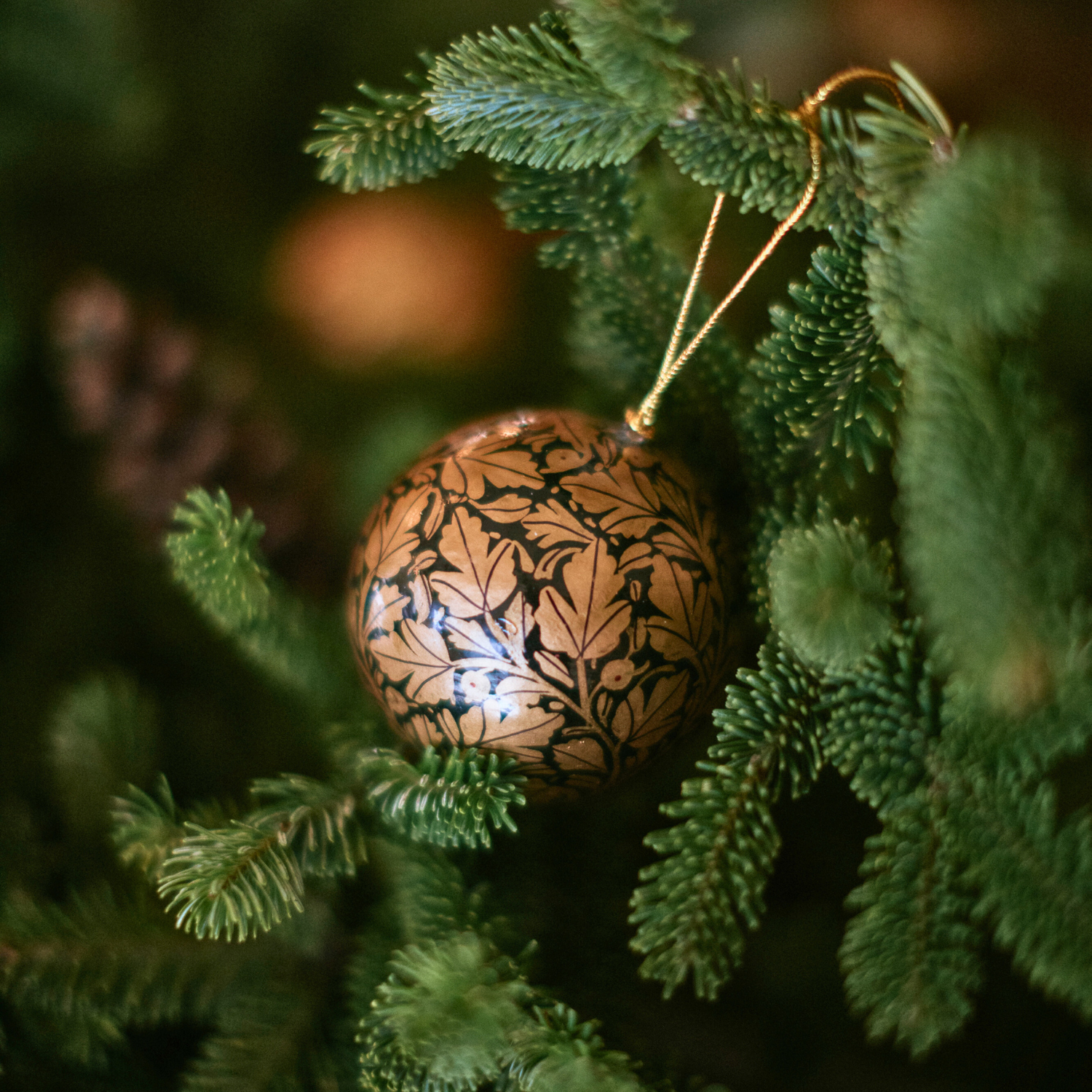 3" Black & Gold Leaf Paper Mache Hanging Bauble Ornament